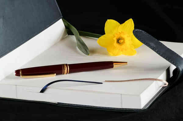 a pen and a flower on a diary that looks like a laptop